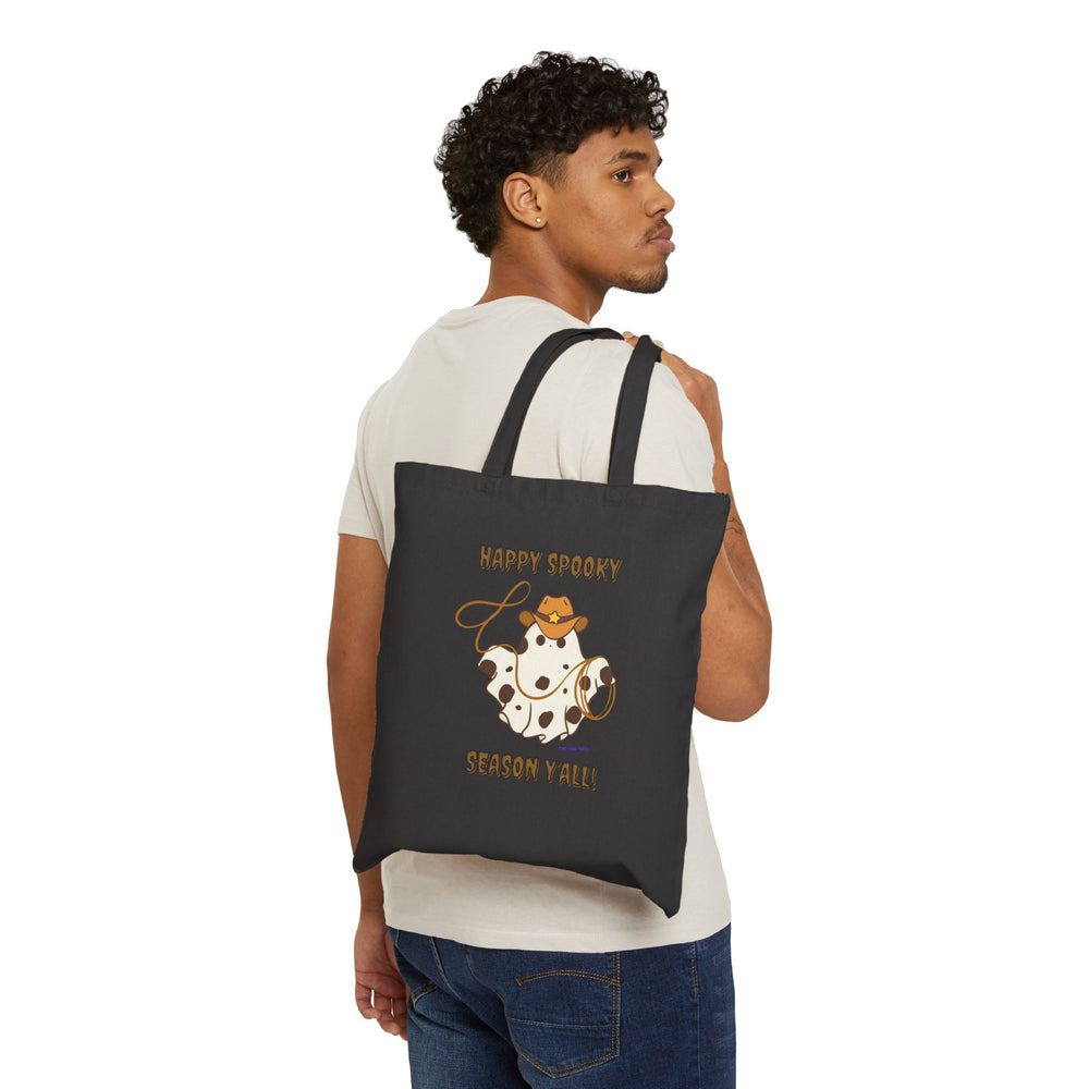 Happy Spooky Season Cowboy Roping Ghost Cotton Canvas Tote Bag