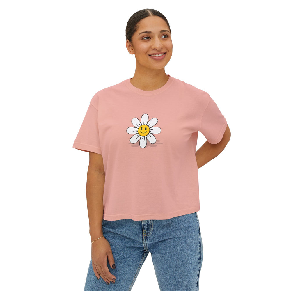 Smiley Daisy Boxy Tee - Cute Women's Casual Shirt